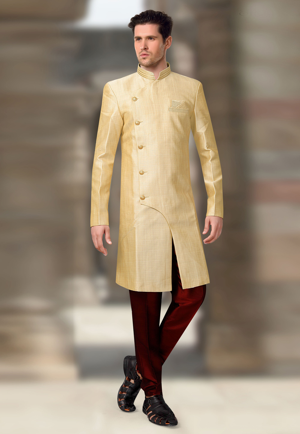 Beige Silk Readymade Indo Western Suit 196160