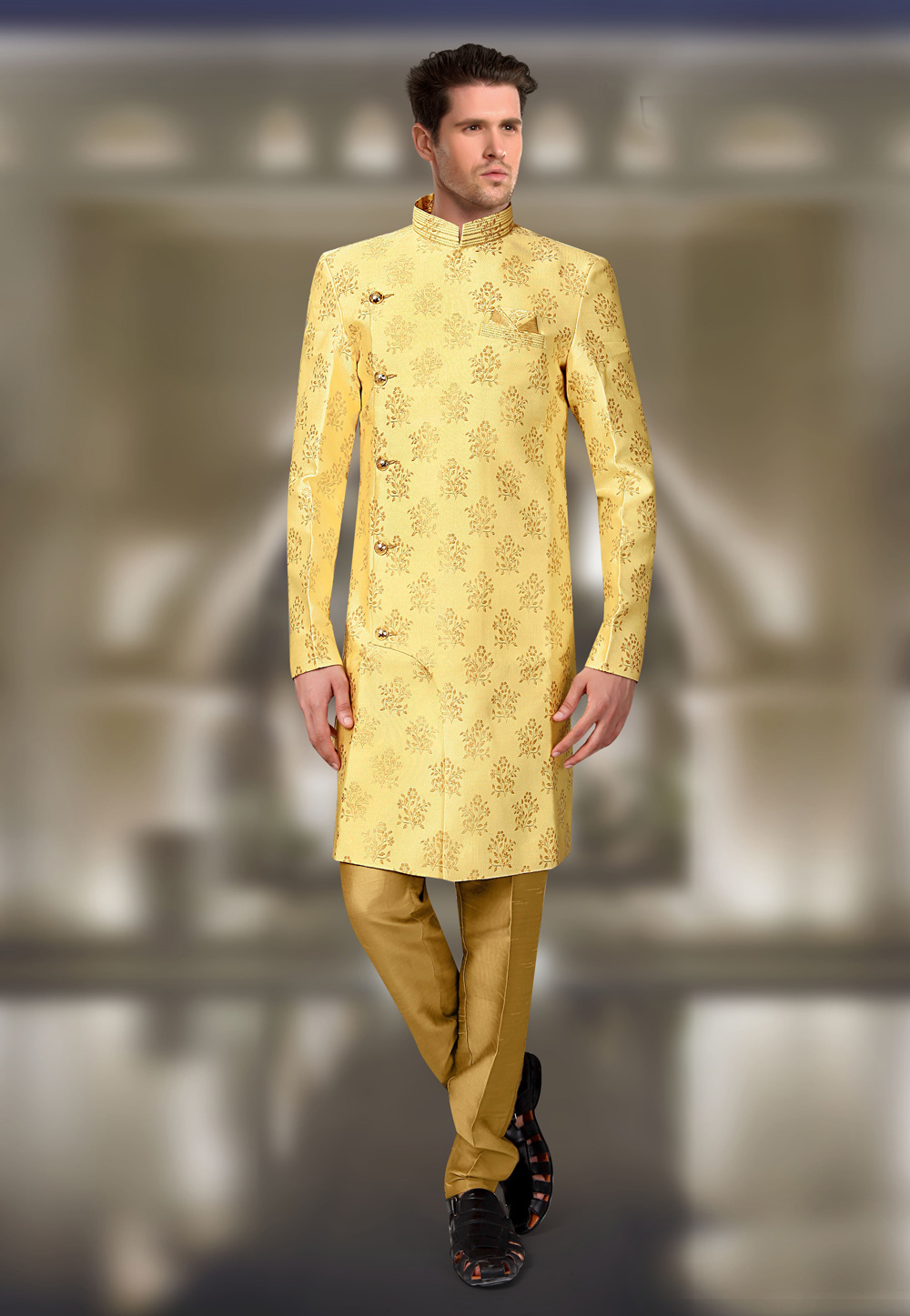 Yellow Jacquard Readymade Indo Western Suit 196161