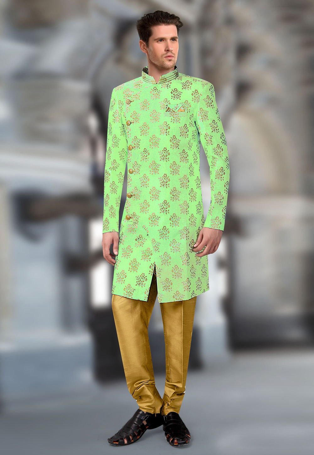Light Green Jacquard Readymade Indo Western Suit 196162