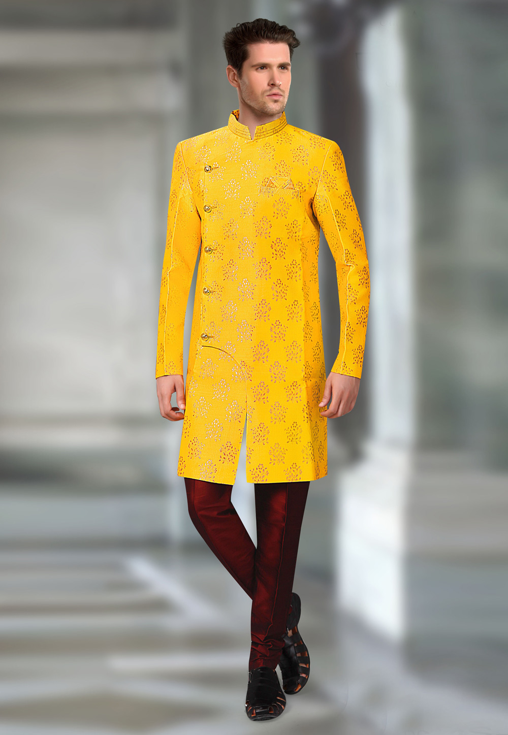 Yellow Jacquard Readymade Indo Western Suit 196163