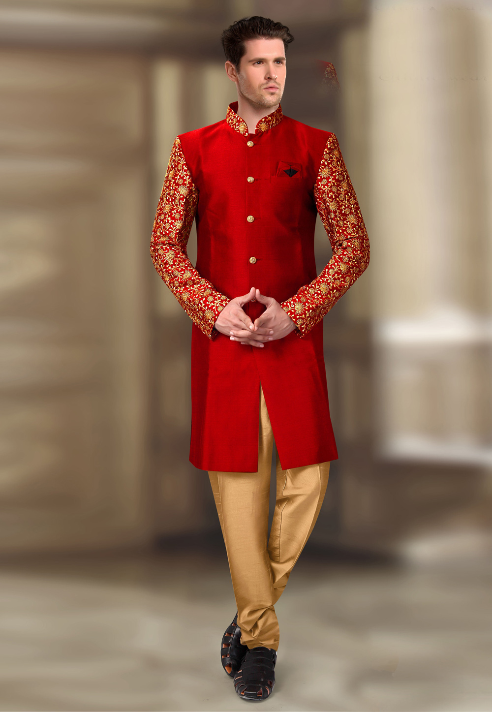 Red Silk Readymade Indo Western Suit 196164