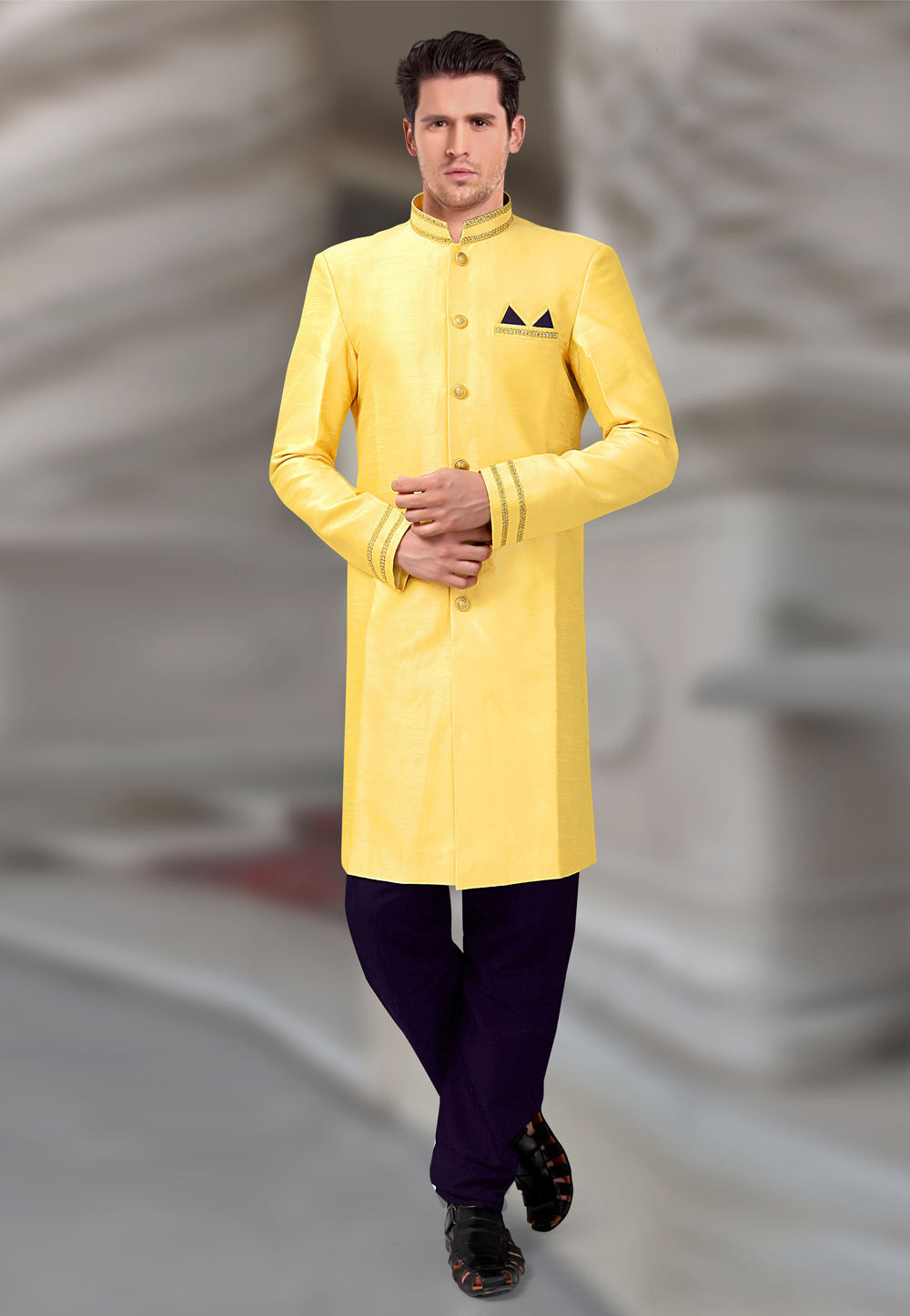 Yellow Silk Readymade Indo Western Suit 196169