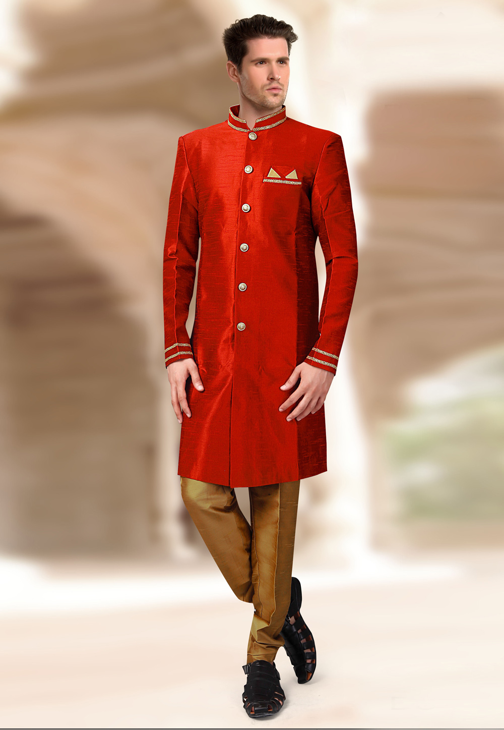 Red Silk Readymade Indo Western Suit 196170
