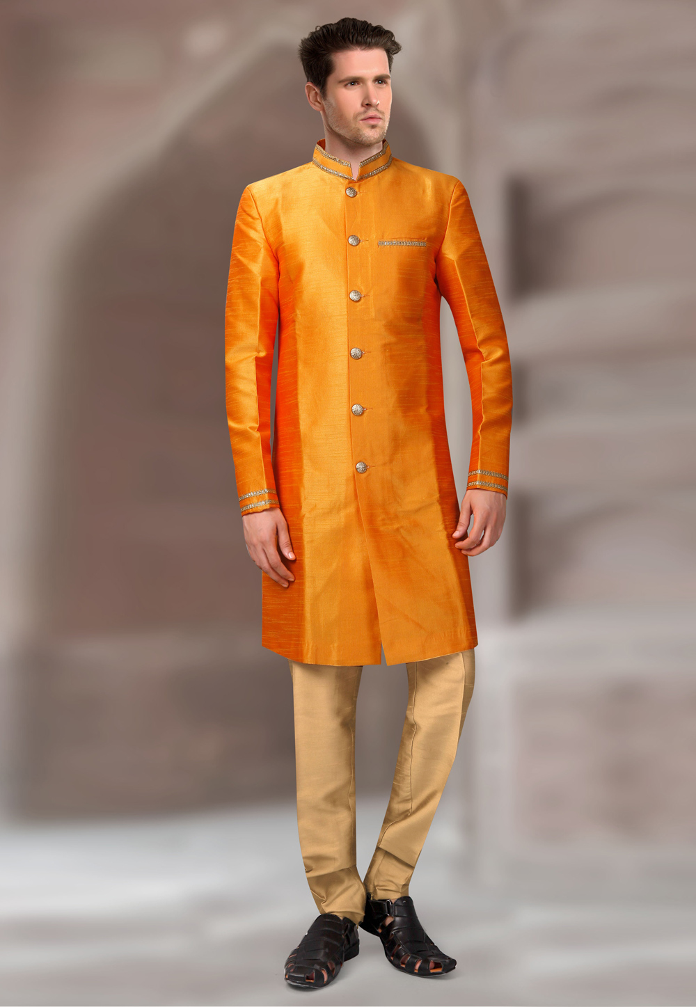 Orange Silk Readymade Indo Western Suit 196171