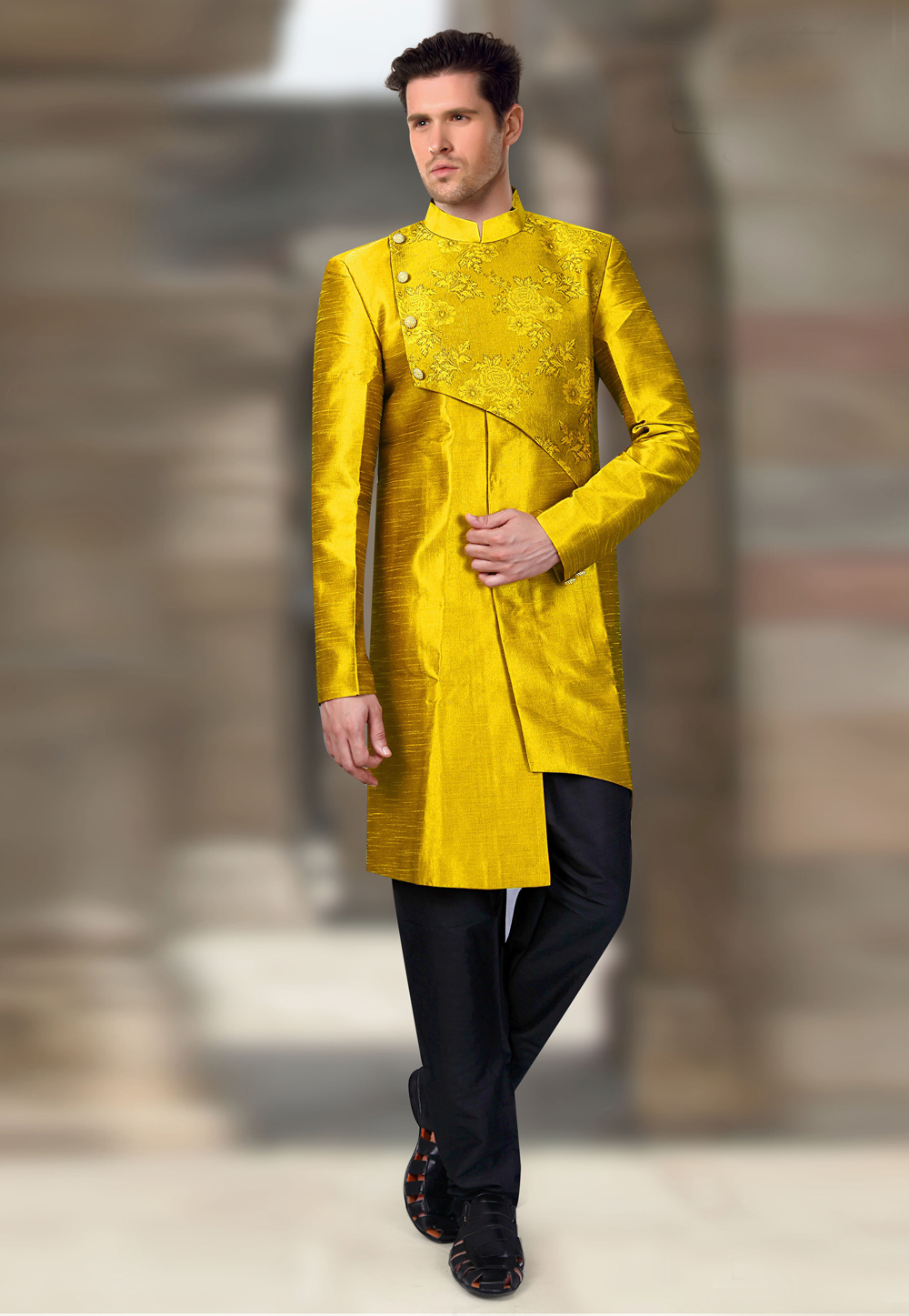 Dark Yellow Silk Readymade Indo Western Suit 196177