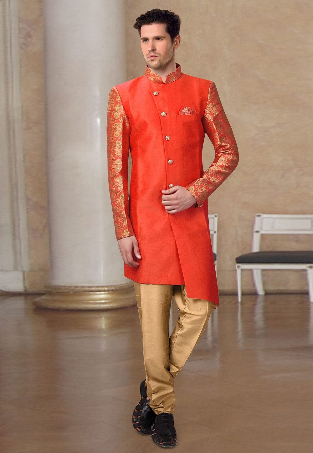 Red Silk Readymade Indo Western Suit 196180