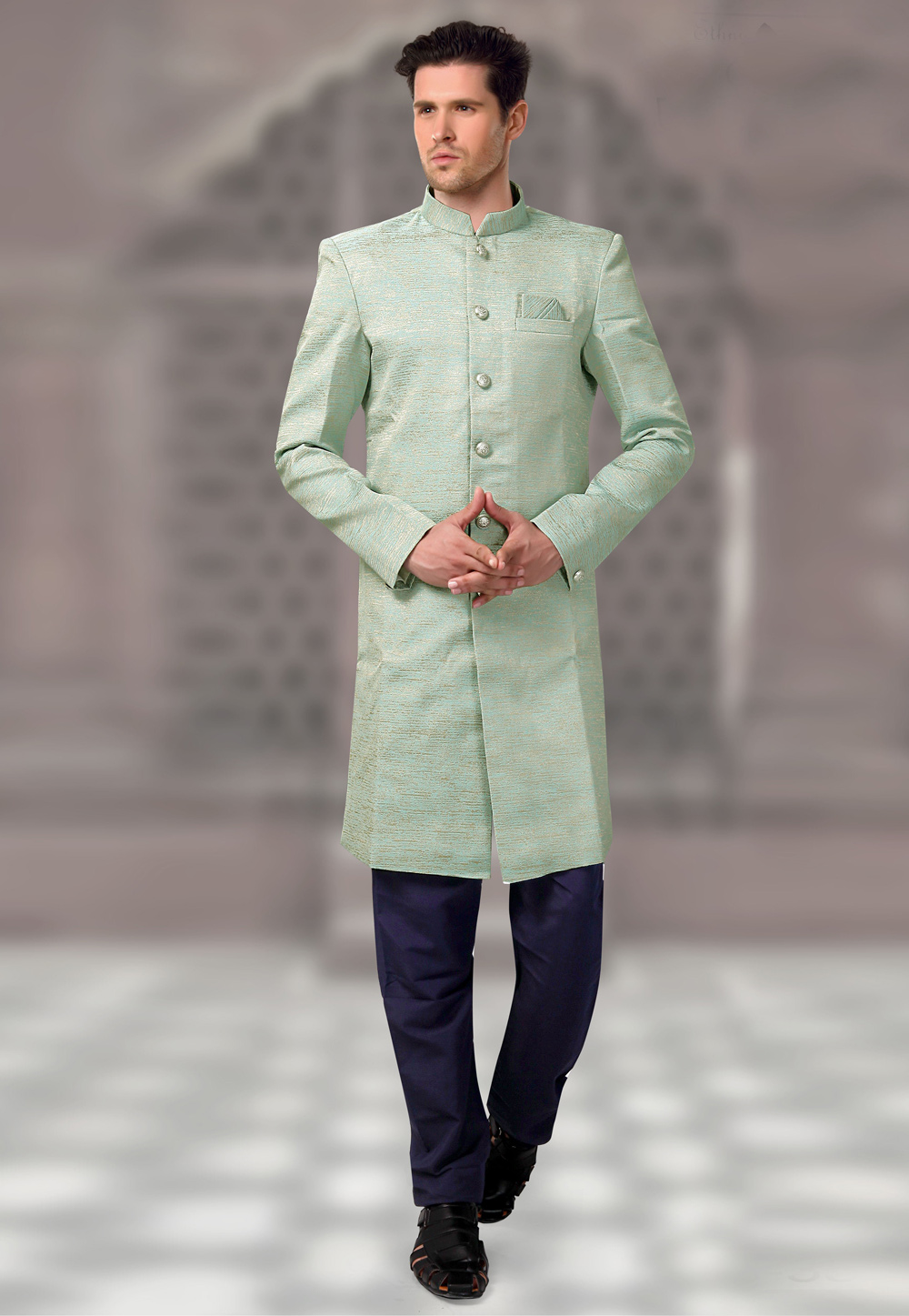 Sea Green Jacquard Readymade Indo Western Suit 196182