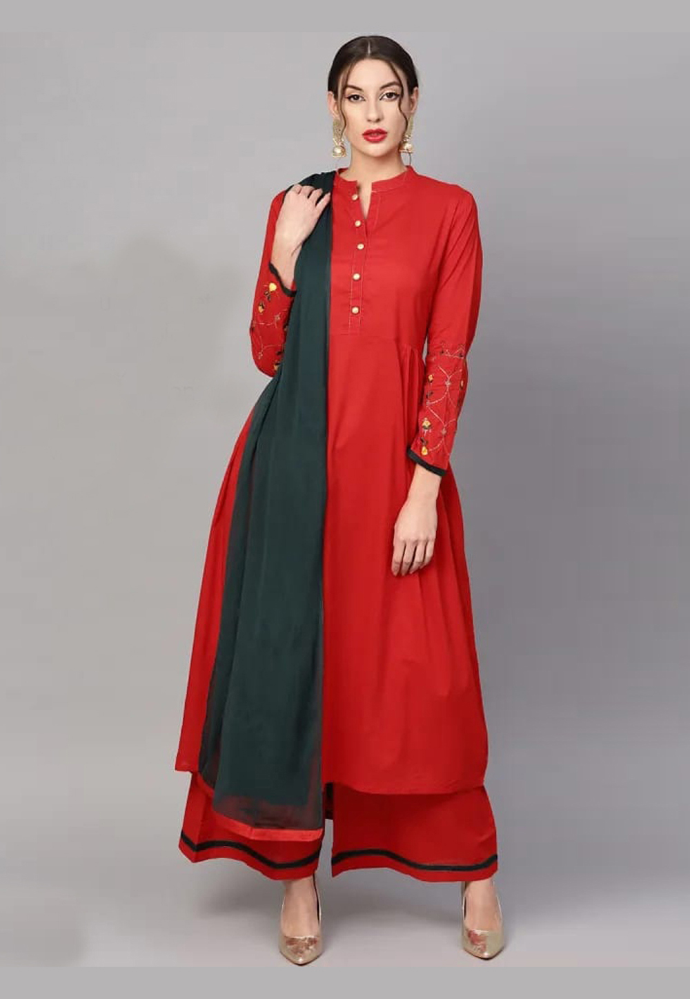 Red Cotton Readymade Palazzo Suit 196097