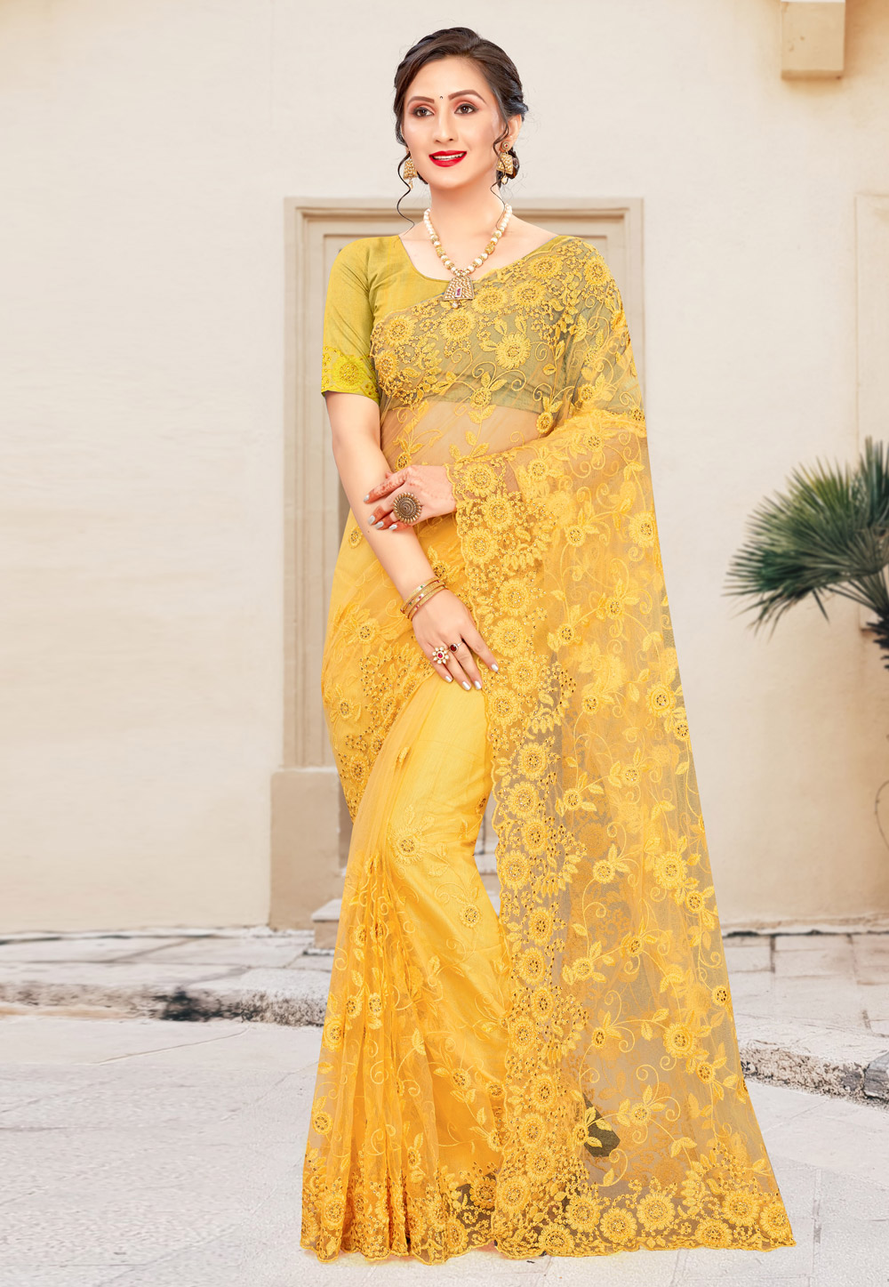 Yellow Net Saree With Blouse 228402