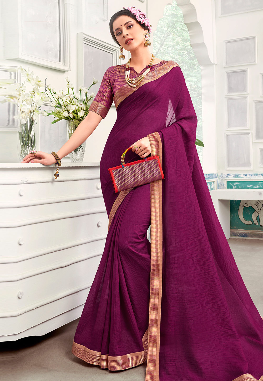 Purple Chanderi Silk Saree With Blouse 196107
