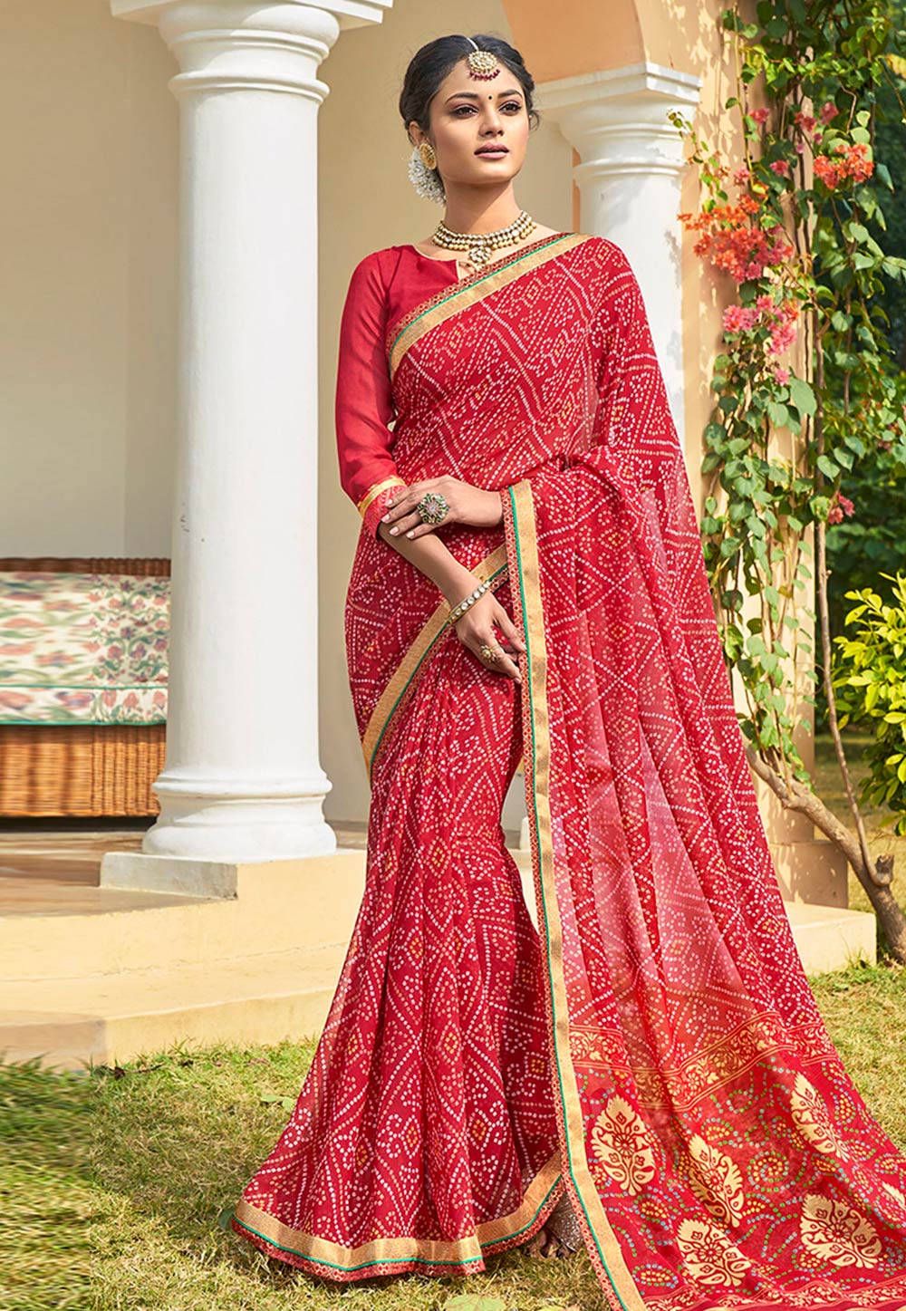 Red Georgette Bandhej Saree With Blouse 196349
