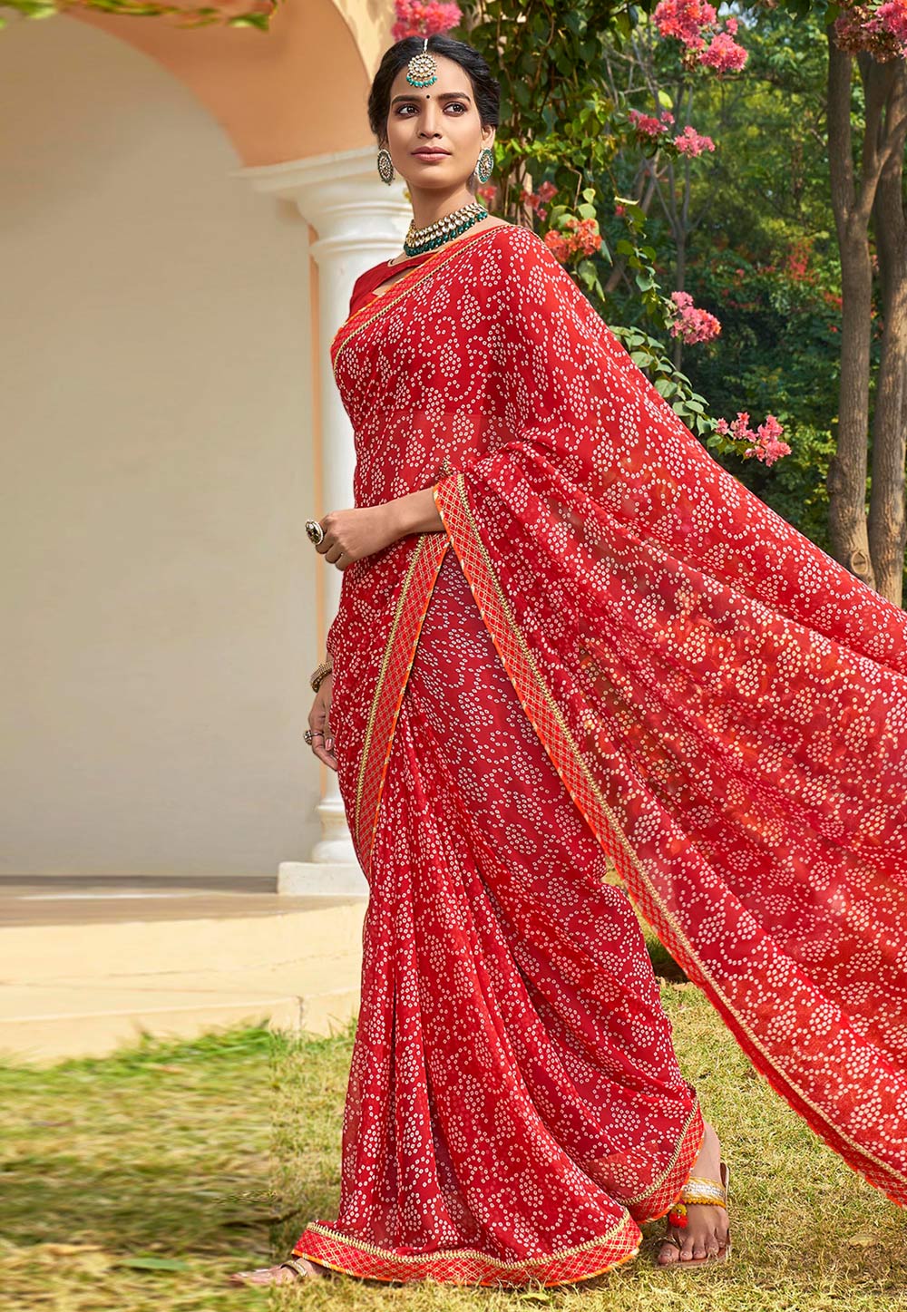 Red Georgette Bandhej Saree With Blouse 196353
