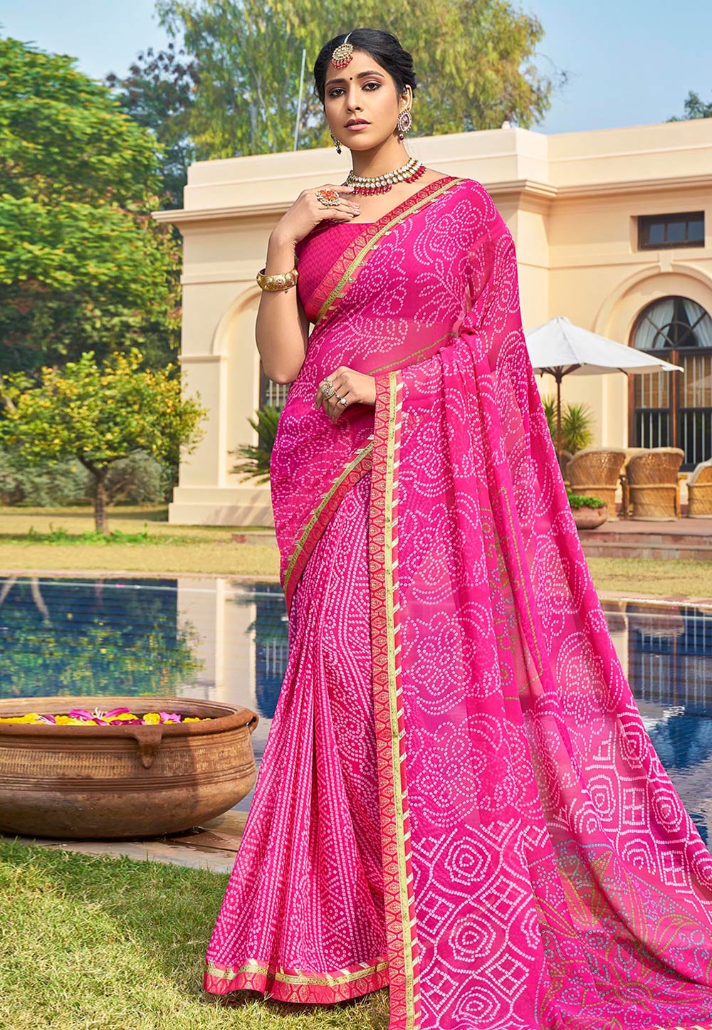 Pink Georgette Bandhej Saree With Blouse 196355