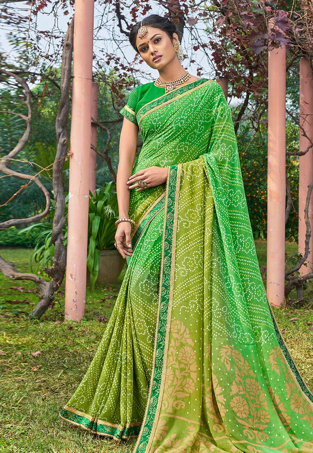 Green Georgette Bandhej Saree With Blouse 196358
