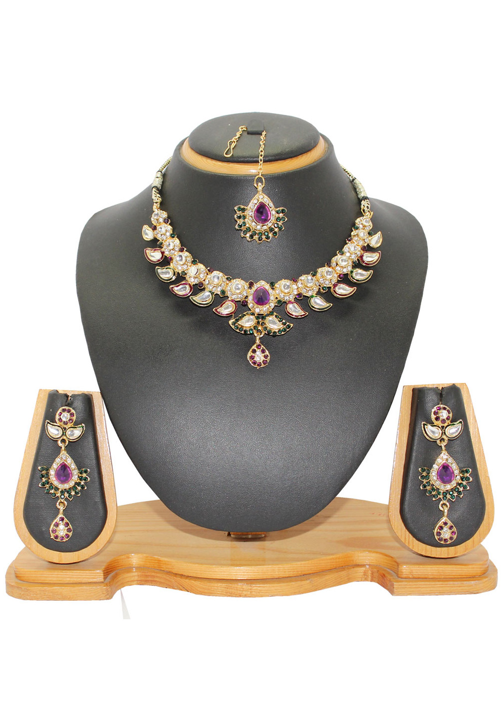 Purple Alloy Austrian Diamonds Necklace With Earrings and Maang Tikka 64335