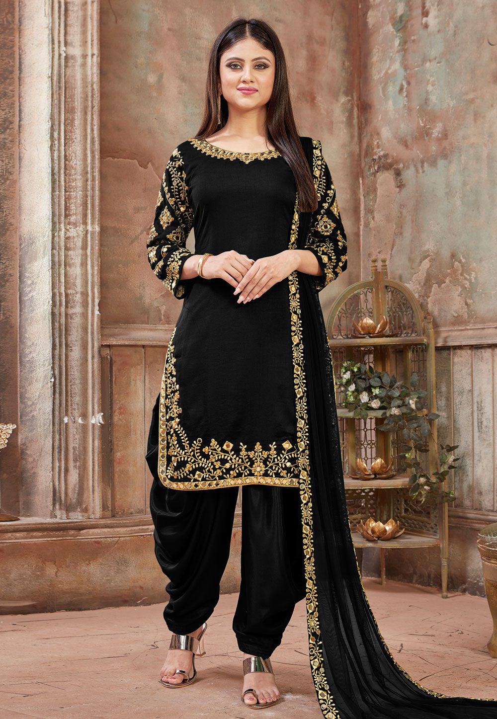 Black Art Silk Embroidered Punjabi Suit 181882