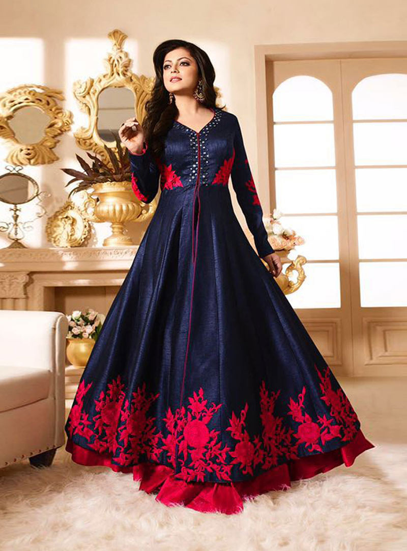 Drashti Dhami Navy Blue Silk Long Anarkali Suit 74222