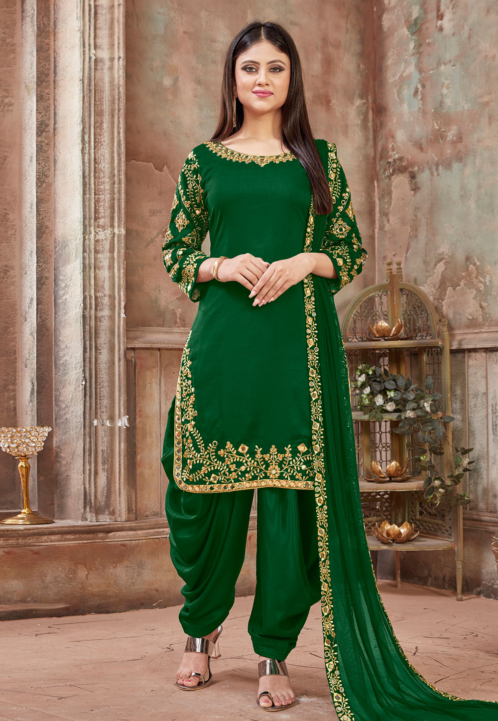Green Art Silk Embroidered Patiala Suit 181883