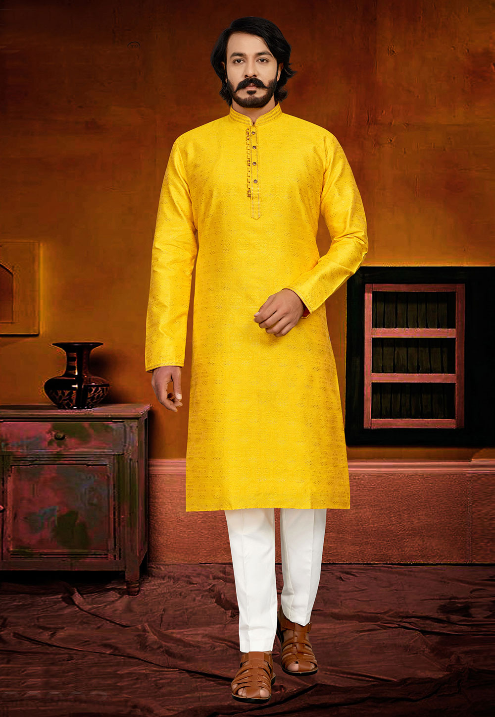 Yellow Jacquard Kurta Pajama 249940