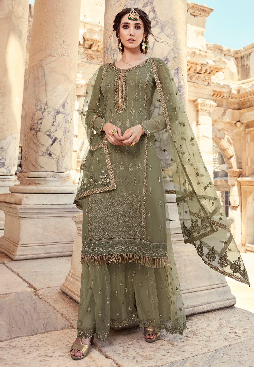 Olive Green Georgette Palazzo Suit 220399