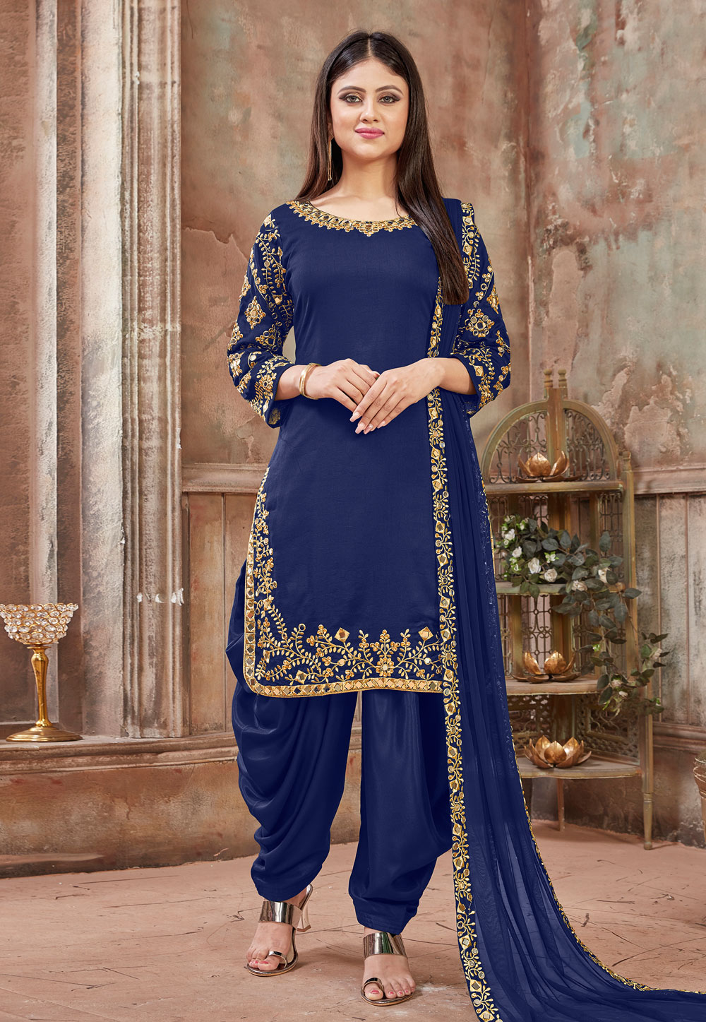 Navy Blue Art Silk Embroidered Punjabi Suit 181884