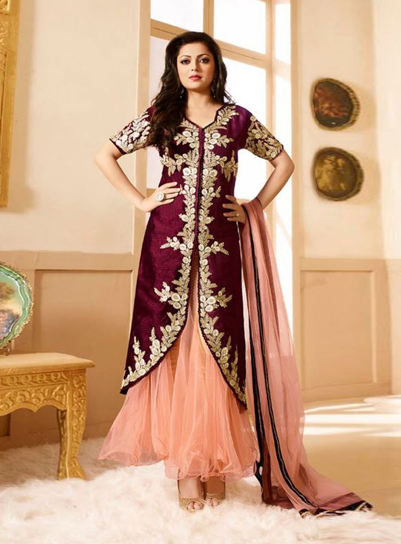 Drashti Dhami Magenta Silk Bollywood Suit 74227
