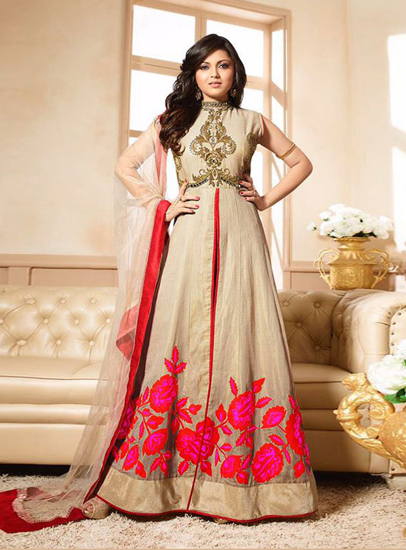 Drashti Dhami Beige Silk Long Anarkali Suit 74229