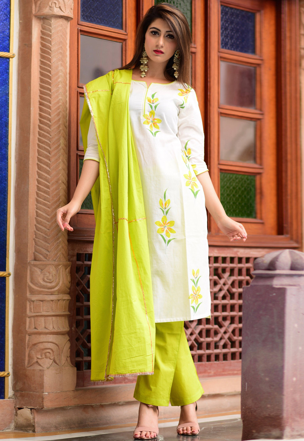 Off White Cotton Readymade Pant Style Suit 159993