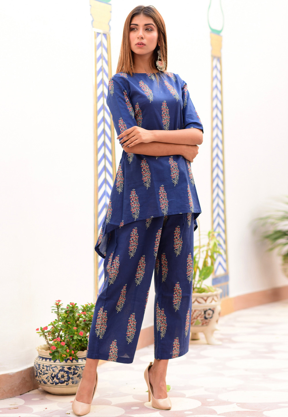 Blue Cotton Readymade Palazzo Style Suit 159994