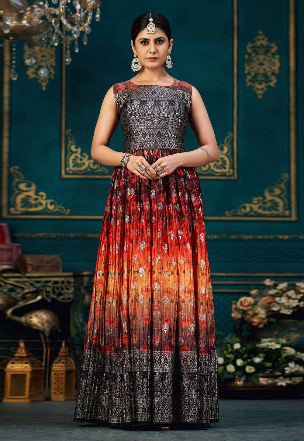 Orange Chinon Silk Printed Gown 262190