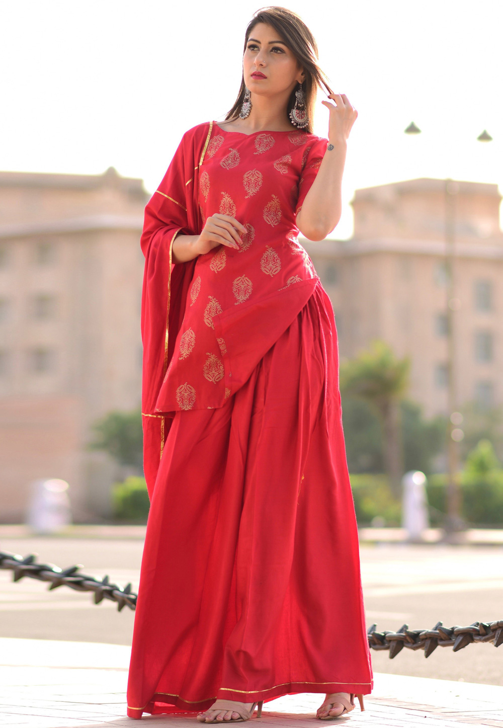 Red Rayon Readymade Pakistani Style Suit 159998