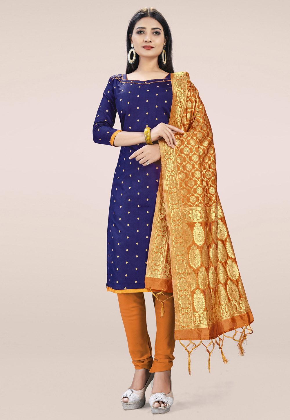 Blue Banarasi Silk Churidar Suit 219043