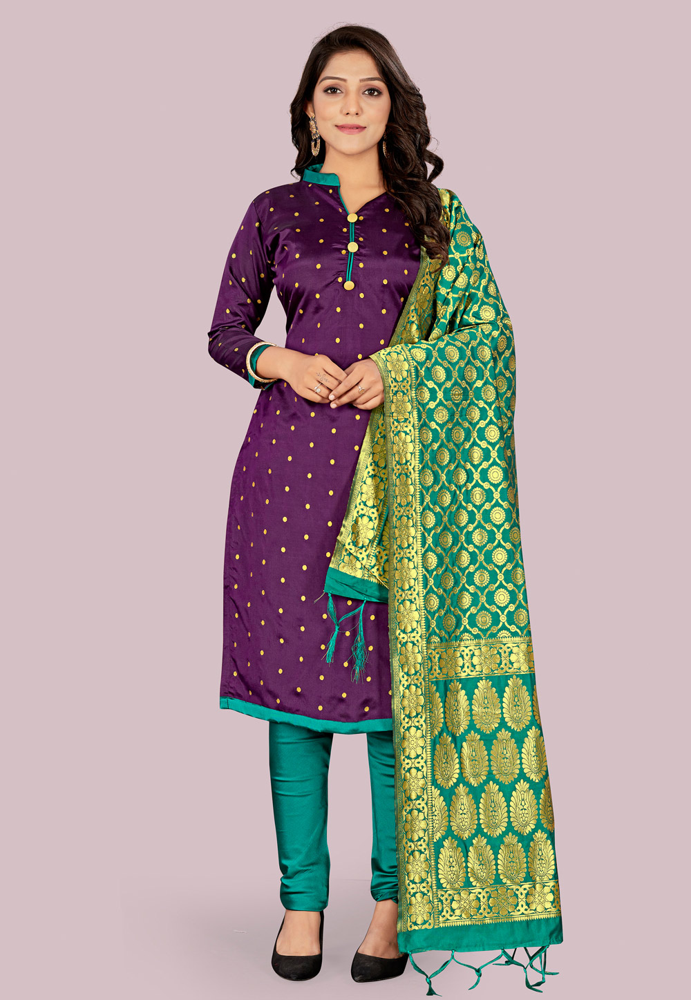 Purple Banarasi Silk Churidar Suit 236654