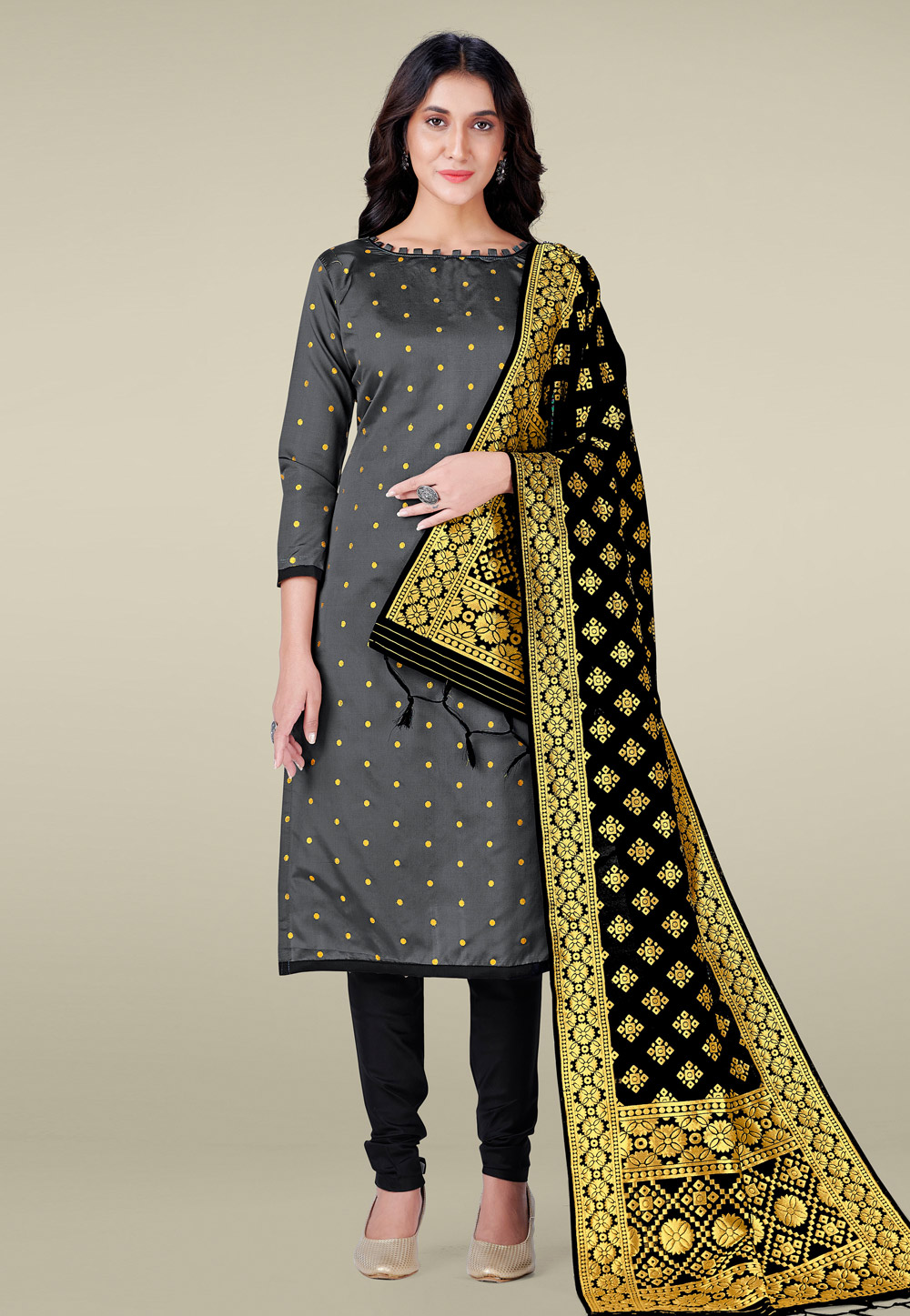 Grey Banarasi Silk Churidar Salwar Kameez 236655