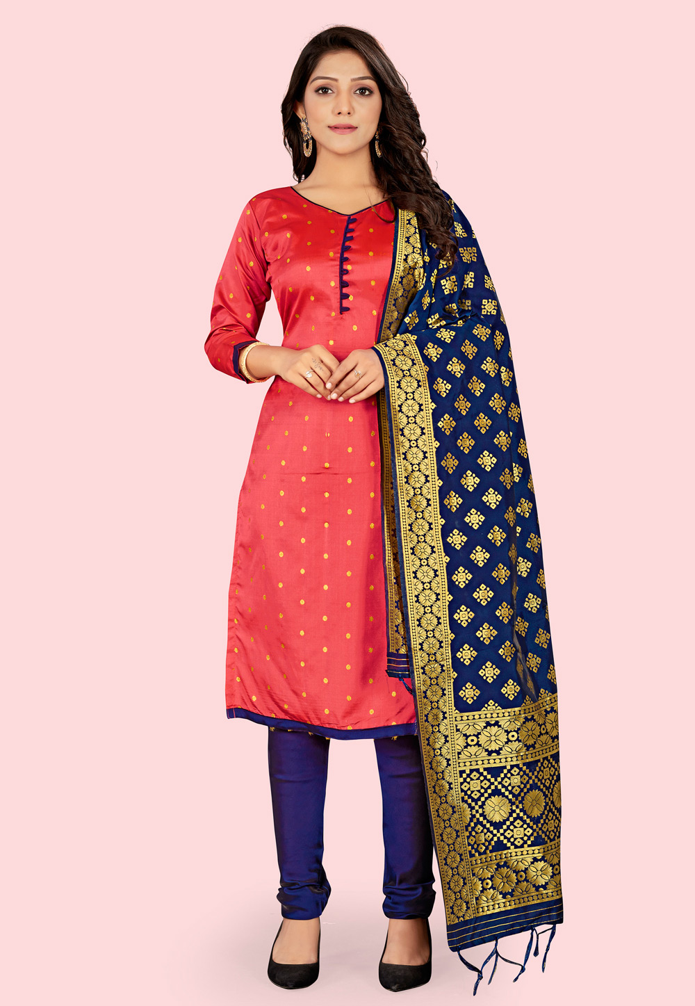 Pink Banarasi Silk Churidar Suit 236656