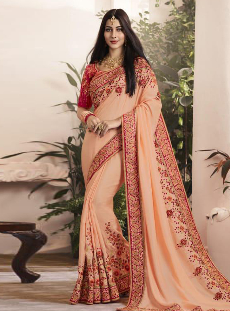 Peach Silk Saree With Blouse 153334