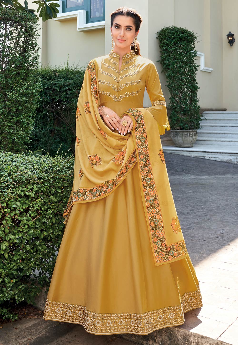 Yellow Silk Abaya Style Anarkali Suit 196724