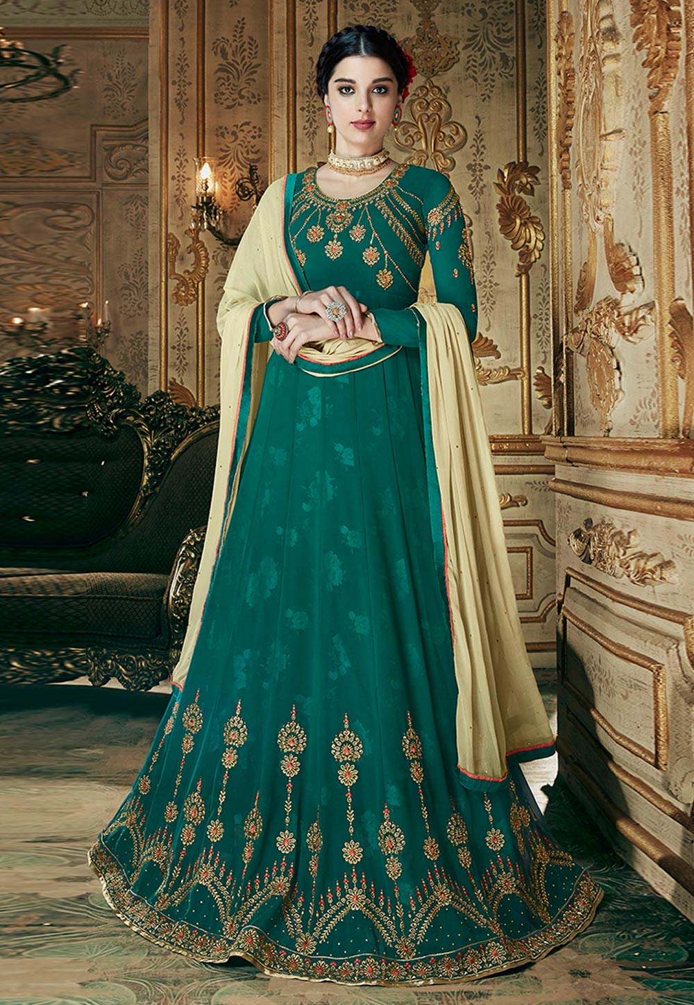 Teal Georgette Abaya Style Anarkali Suit 165579