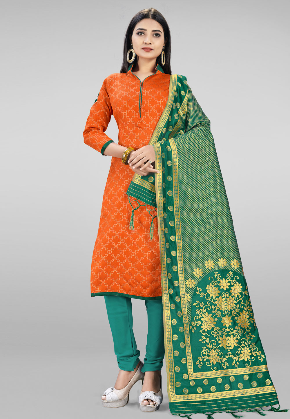 Orange Banarasi Silk Churidar Suit 219048