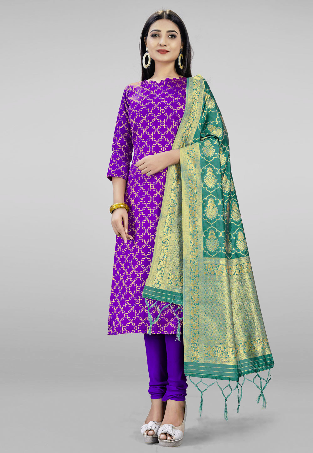 Violet Banarasi Silk Churidar Suit 219050