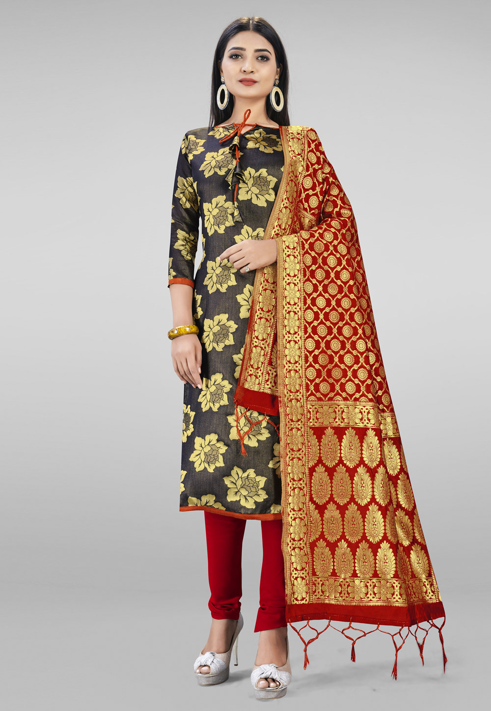 Black Banarasi Silk Churidar Suit 219052