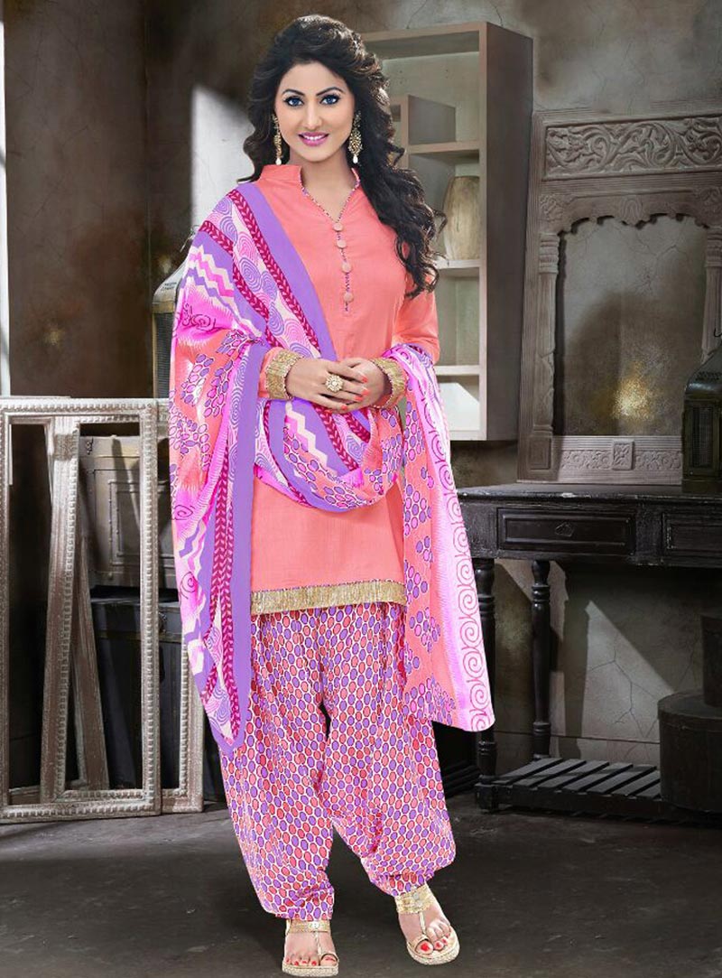 Hina Khan Peach Cotton Punjabi Suit 75296