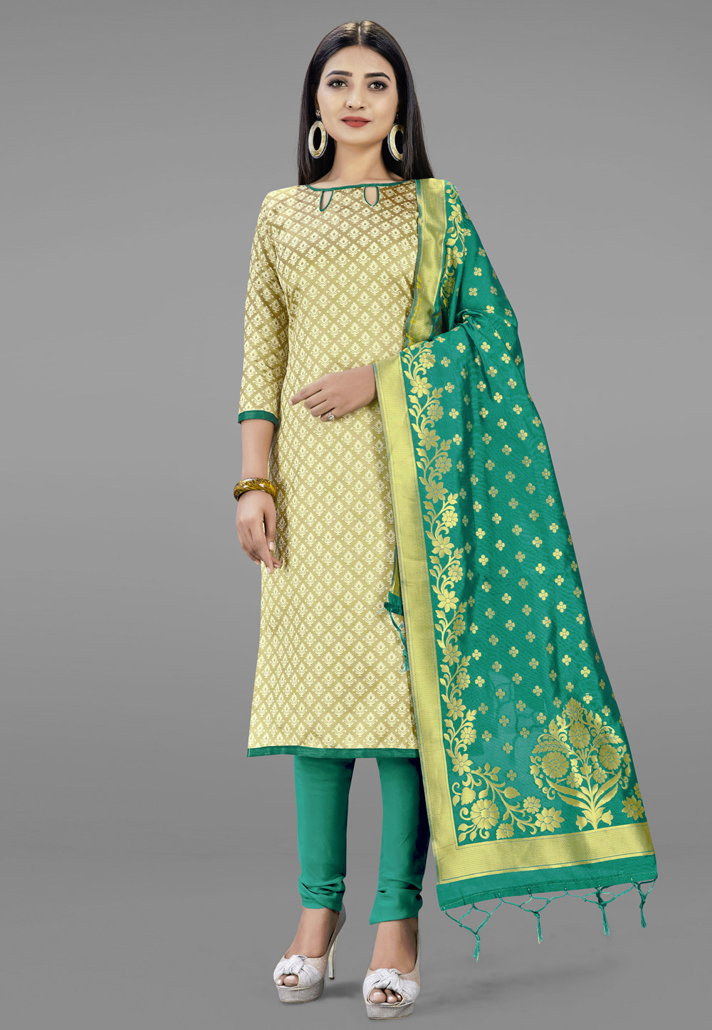 Cream Banarasi Silk Churidar Suit 219061