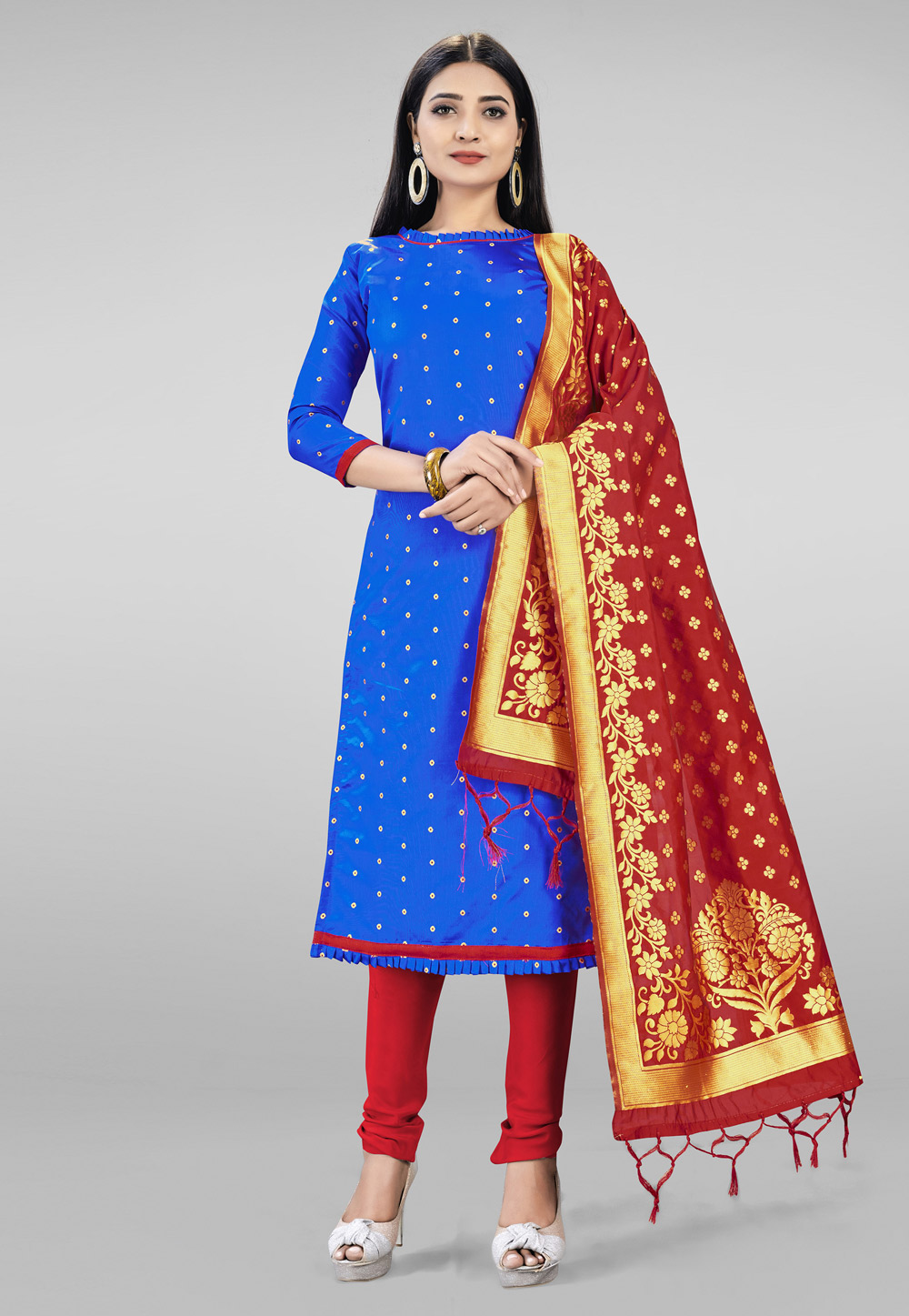 Blue Banarasi Silk Churidar Suit 219057