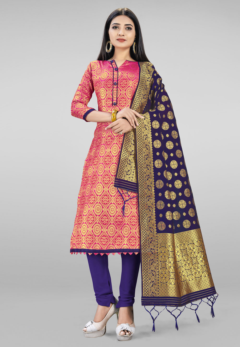 Pink Banarasi Silk Churidar Salwar Kameez 219062