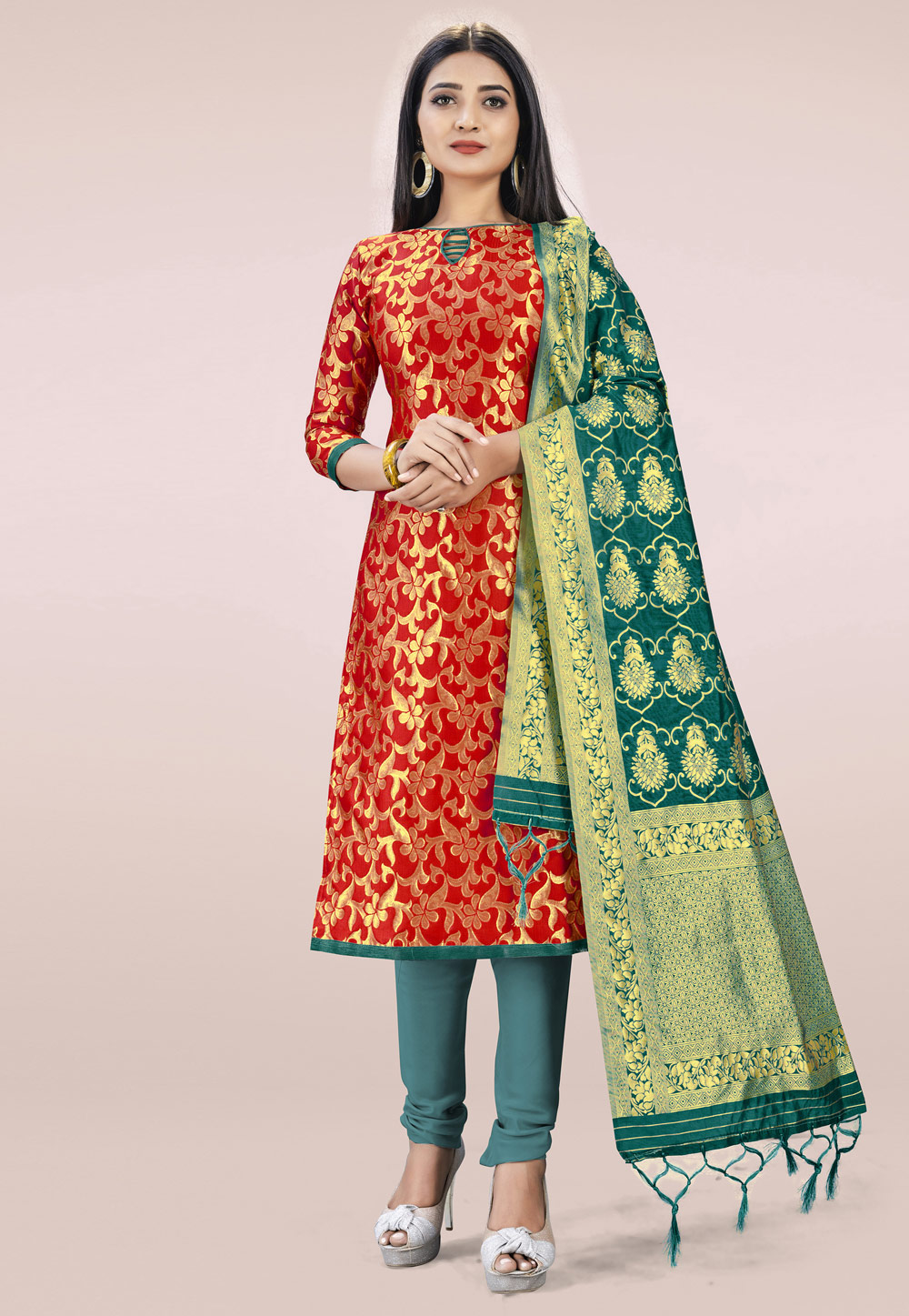 Red Banarasi Silk Churidar Suit 219063