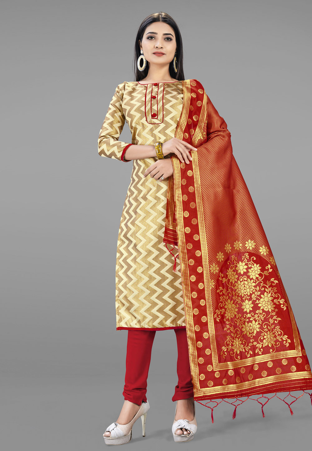 Cream Banarasi Silk Churidar Suit 219065