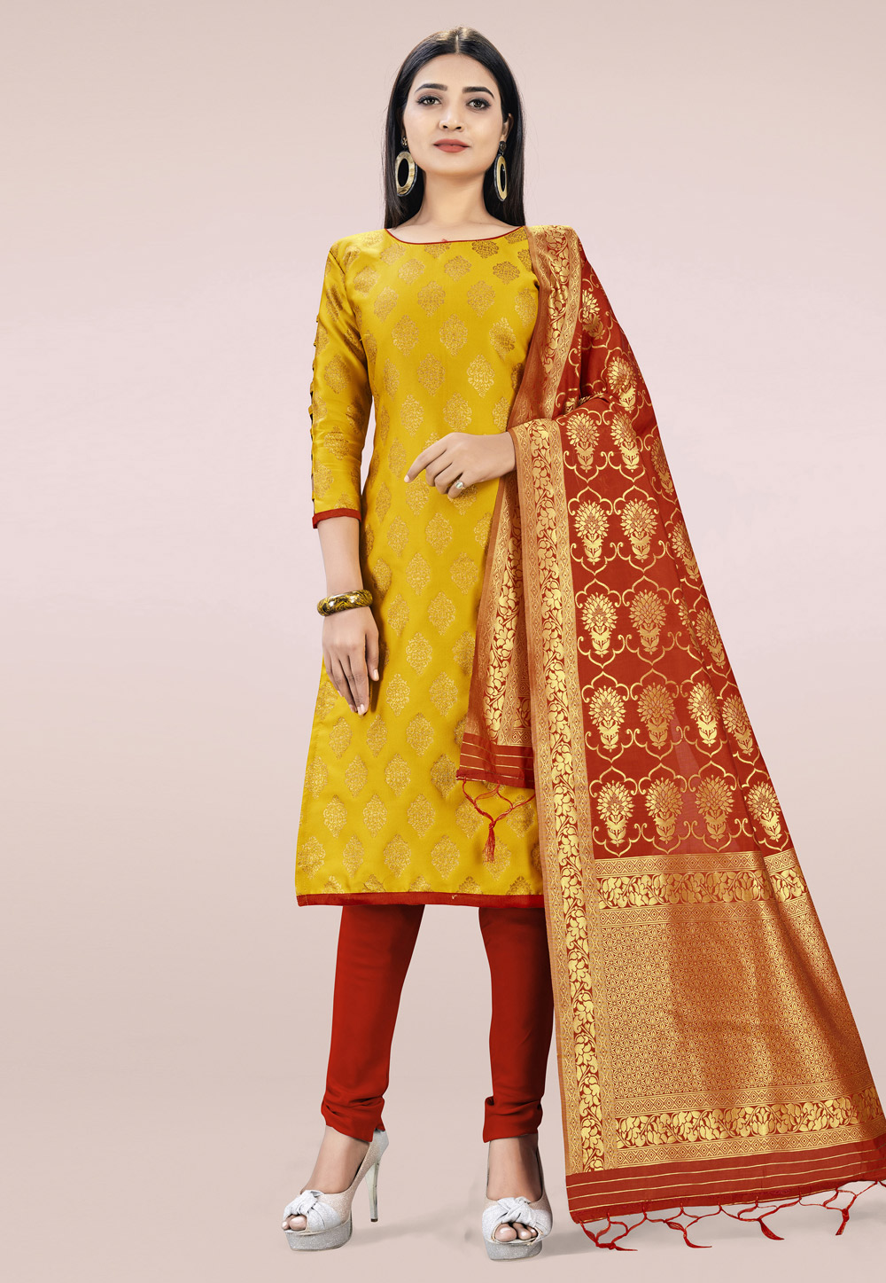 Mustard Banarasi Silk Churidar Suit 219060