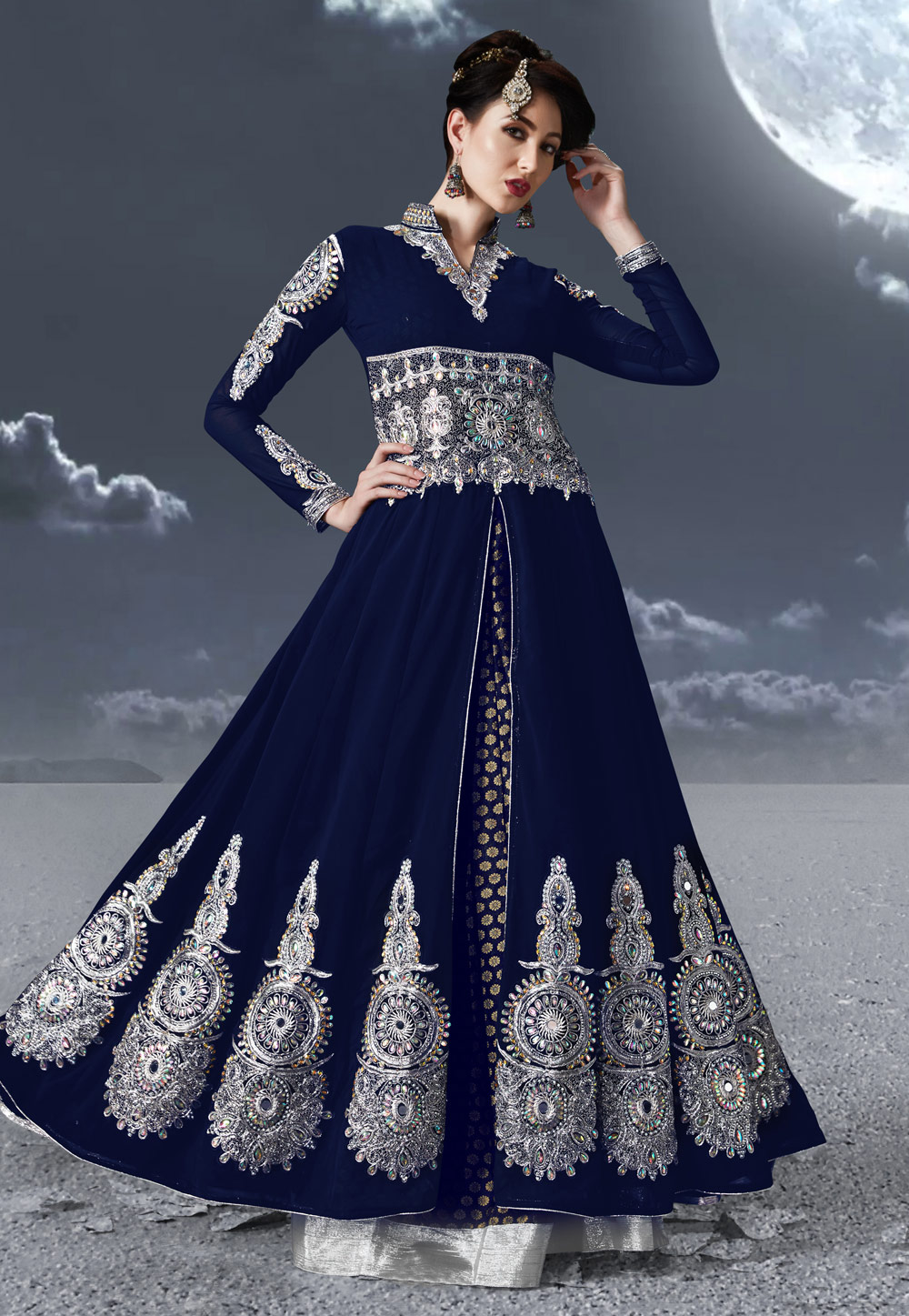 Navy Blue Faux Georgette Embroidered Long Choli Lehenga 170165