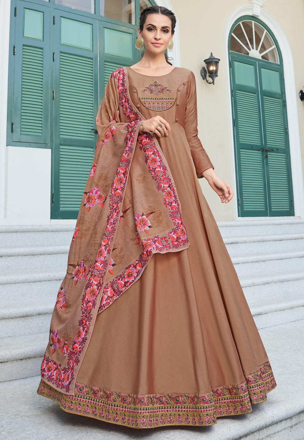 Light Brown Silk Abaya Style Anarkali Suit 196726
